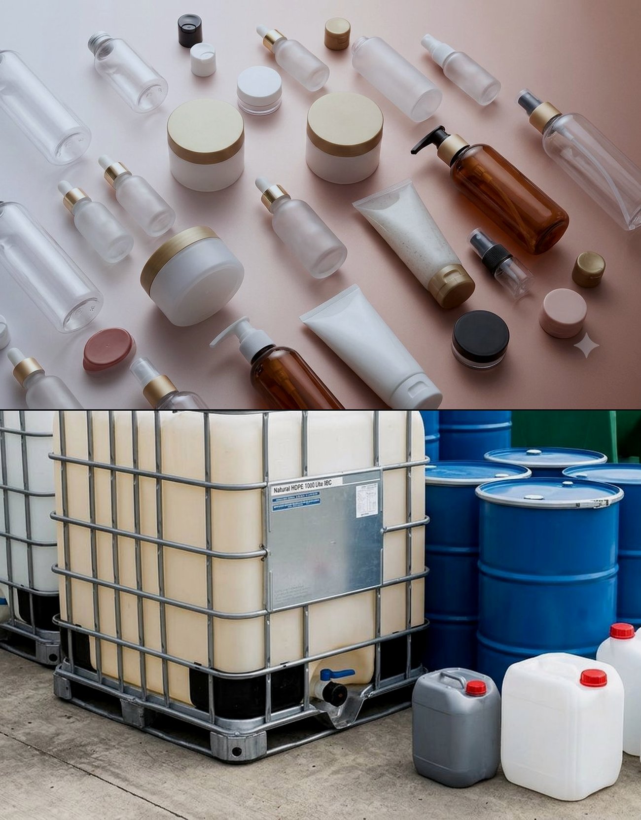 Cosmetics packaging and bulk chemical containment, both molded at the Adra facility